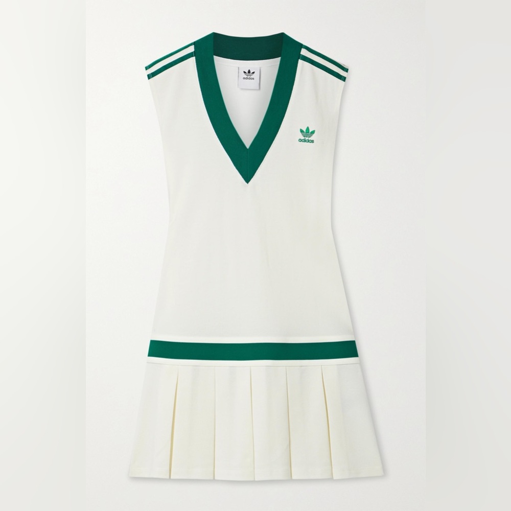 adidas Originals 'Tennis Luxe' logo V neck pleated dress in off white